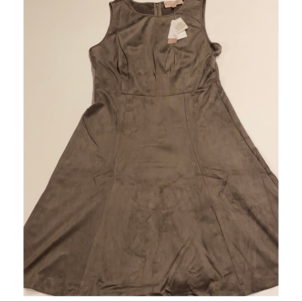 Philosophy SZ 8 Faux Leather Sleeveless A-Line Dress Heather Taupe New - Picture 2 of 13